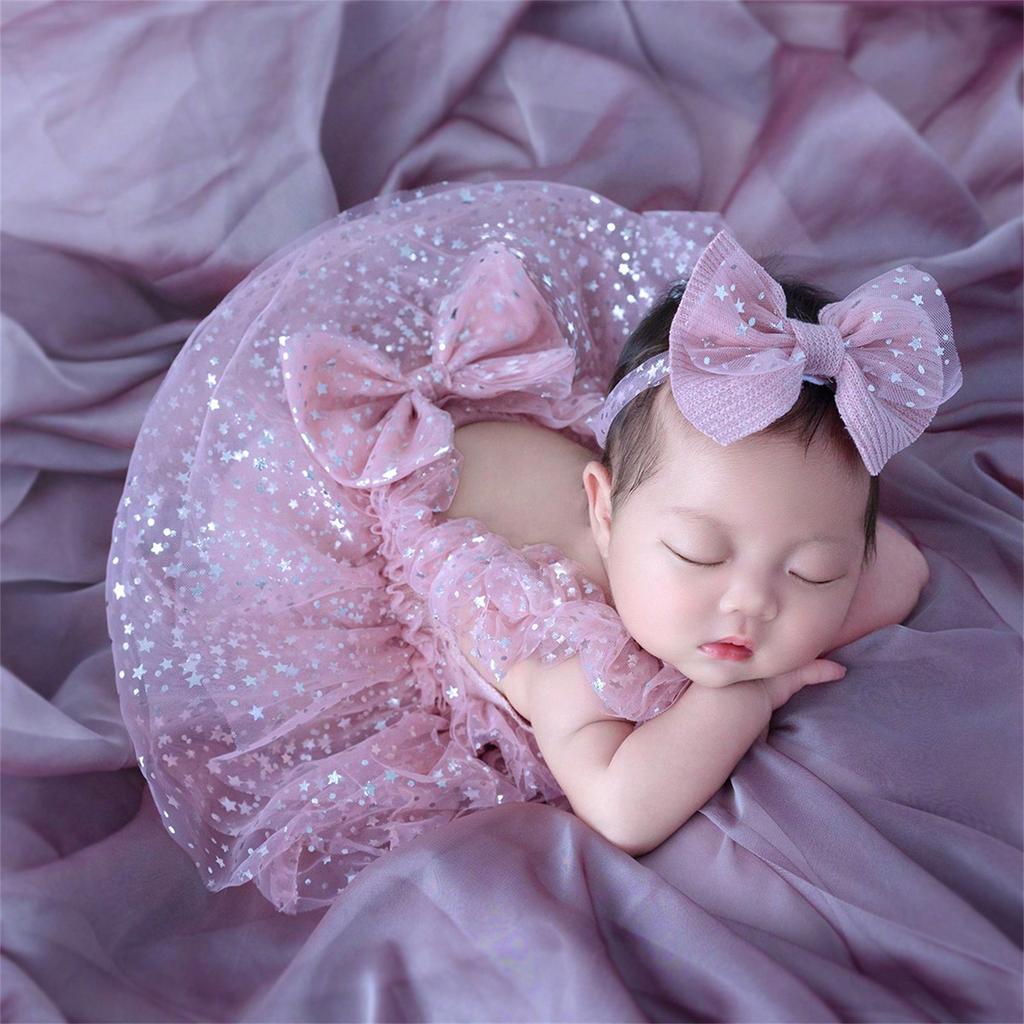 Infant Photography Outfit Dress Hairband with Delicate Bowknot and Sparkling Star Detailing for 0-3 Month Olds