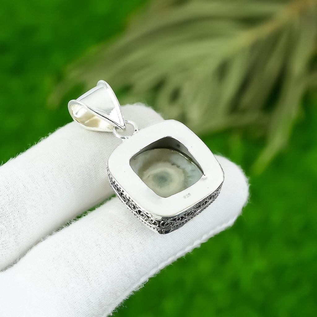 925 Sterling Silver Cushion Solar Moss Opal Stone Artisan Vintage Mother Pendant
