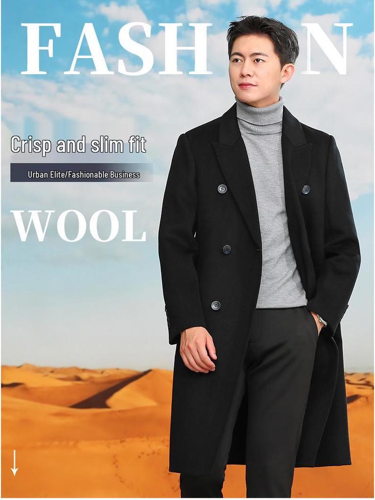 Men’s Double-Breasted Wool Trench Coat - Long Over-the-Knee Suit Collar for Autumn and Winter