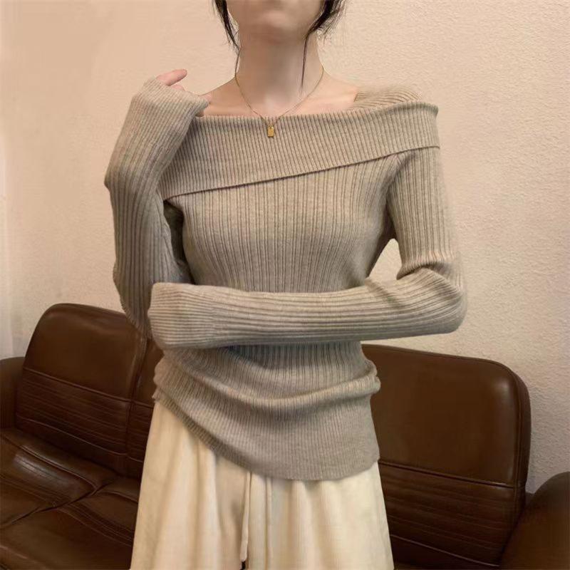 Podzimní jednobarevné pletené svetry Sexy pletené svetry Dámská móda Základna s dlouhým rukávem Tenké svetry Svetry Topy Elegantní Ležérní svetry s vypnutým ramenem 25669