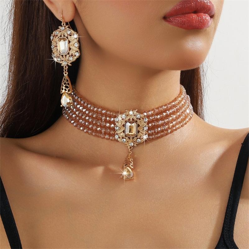 Stylish Layer Rhinestones Waterfall Necklace With Matching Earrings Jewelry Set