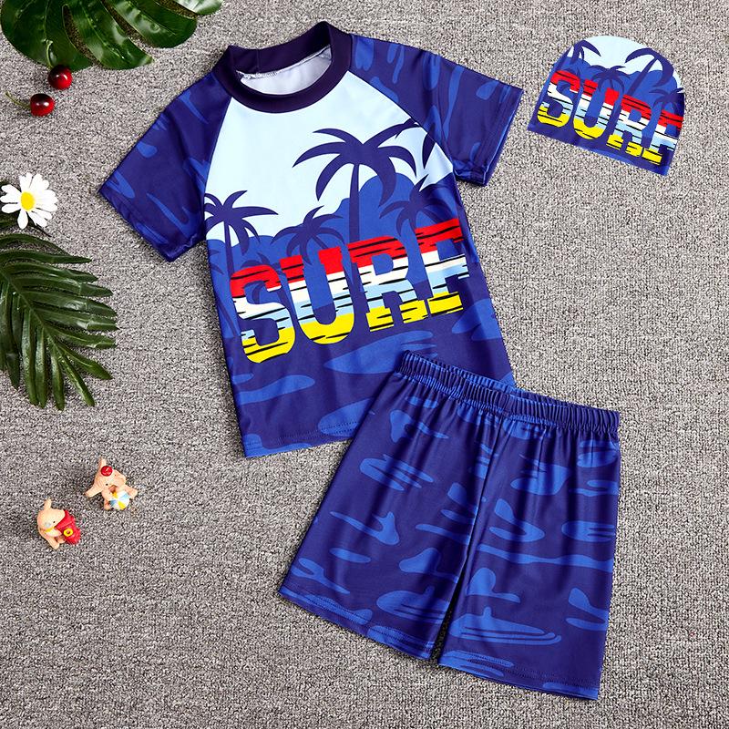 

Летний мультяшный купальный костюм для мальчиков с шапочкой - футболка с коротким рукавом и плавки (2024) 110 cm