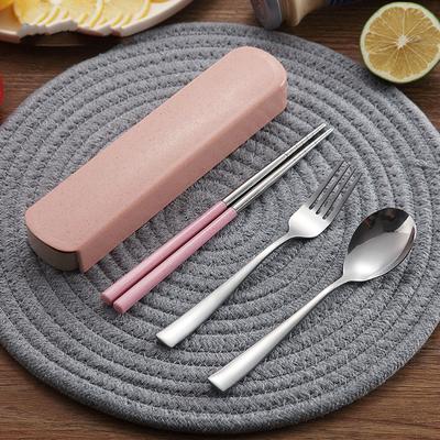 Wheat Straw Stainless Steel Portable Cutlery Box Student Chopsticks Spoon Fork Three-piece Suit