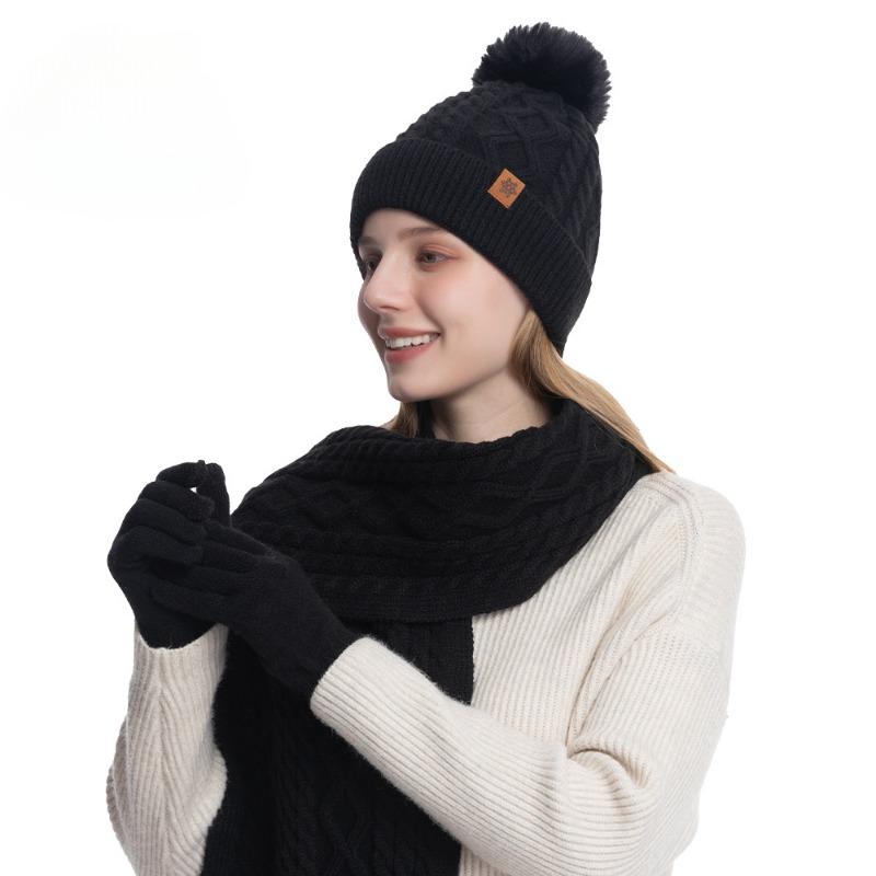 Hat Scarf Gloves Three Piece Set Winter Outdoor Velvet Warm Ear Protection Knitted Hat