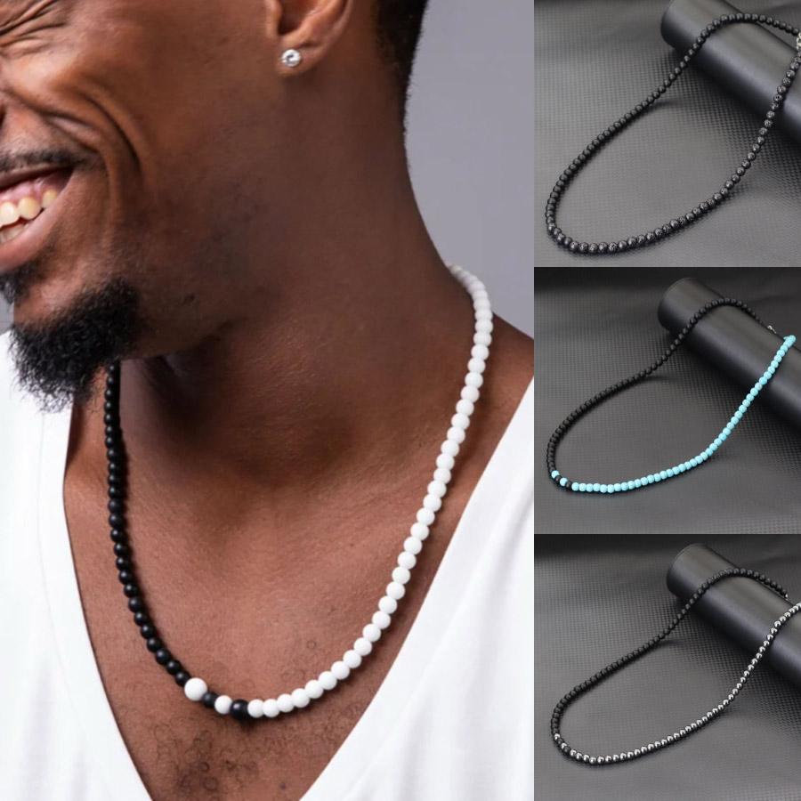 Nuova Collana Bicolore Bianco Nero Per Uomo Fibbia in Acciaio Inossidabile 24 Pollici 6mm Occhio di Tigre Lava Pietra Ematite Collare Curativo