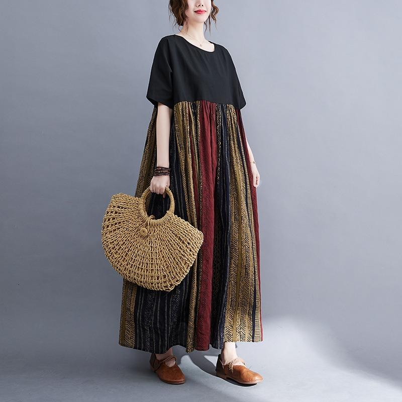 Real shot summer new literary large size loose cotton and linen printing short-sleeved dress women's long dress