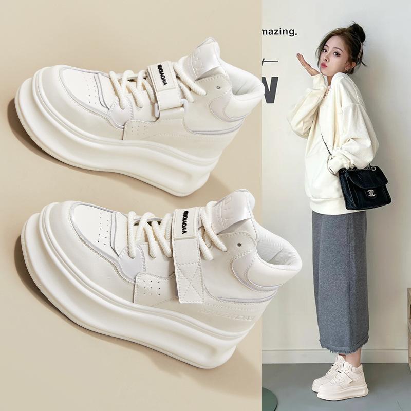 

Autumn women s shoes Velcro fashion casual shoes women s thick soles increase height small versatile high-top shoes women 38 бежевий