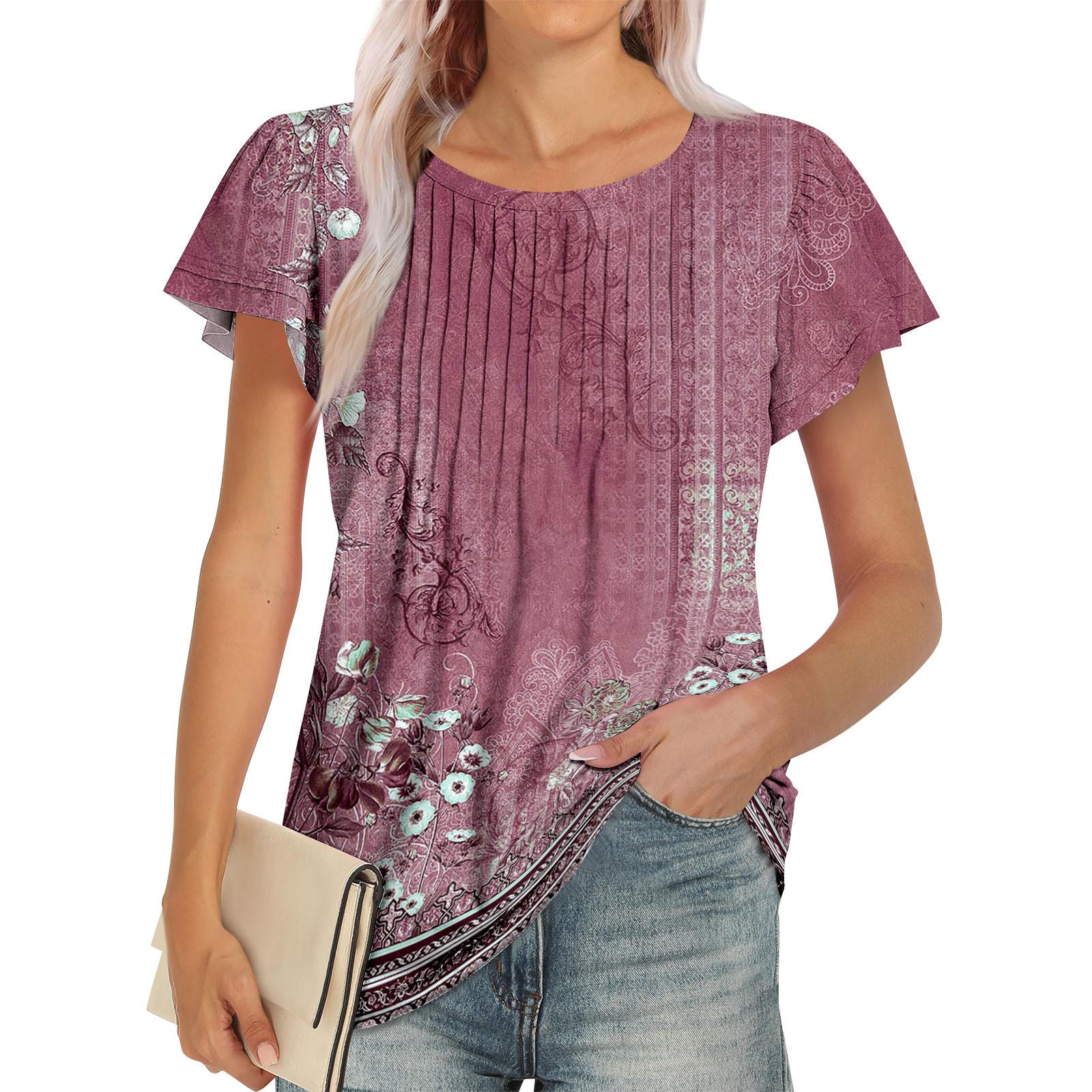 

Женские летние топы, повседневные, с оборками, коротким рукавом, круглым вырезом, свободные, плиссированные футболки S красный