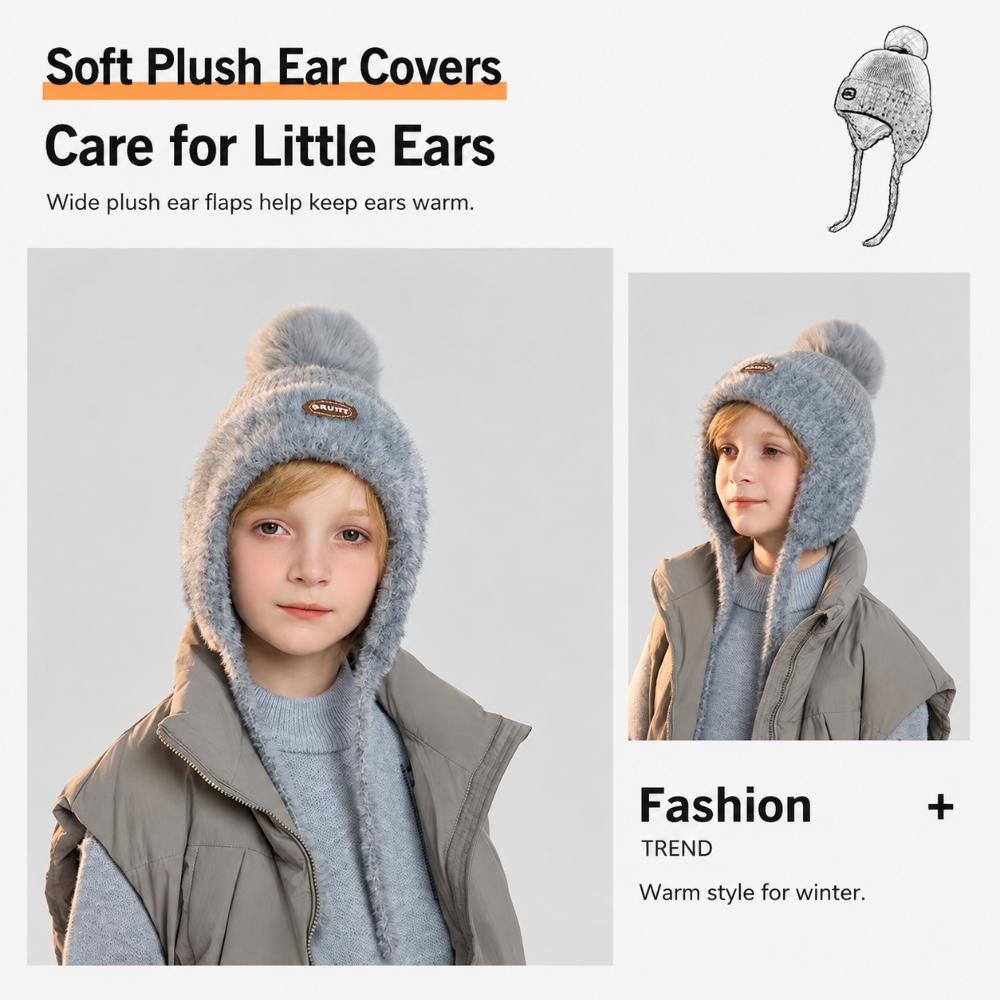 Kids Winter Knitted Earflap Hat with Pom Pom, Plush Lining and Long Ties, Warm Windproof Polyester Cap for Ages 4–10Years