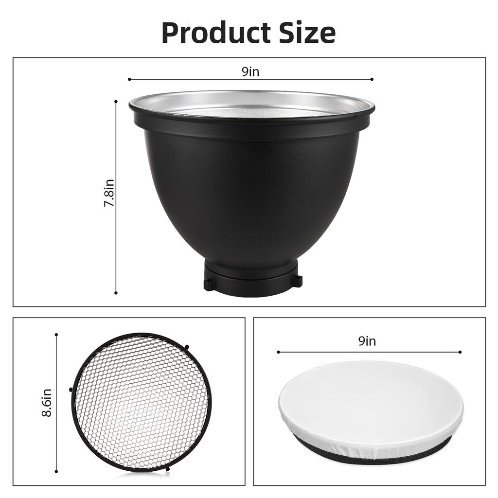 9 Inch Reflector Diffuser Bowens Mount Photography Lamp Shape Dish with 60 degrees Honeycomb Grid & White Soft Cloth