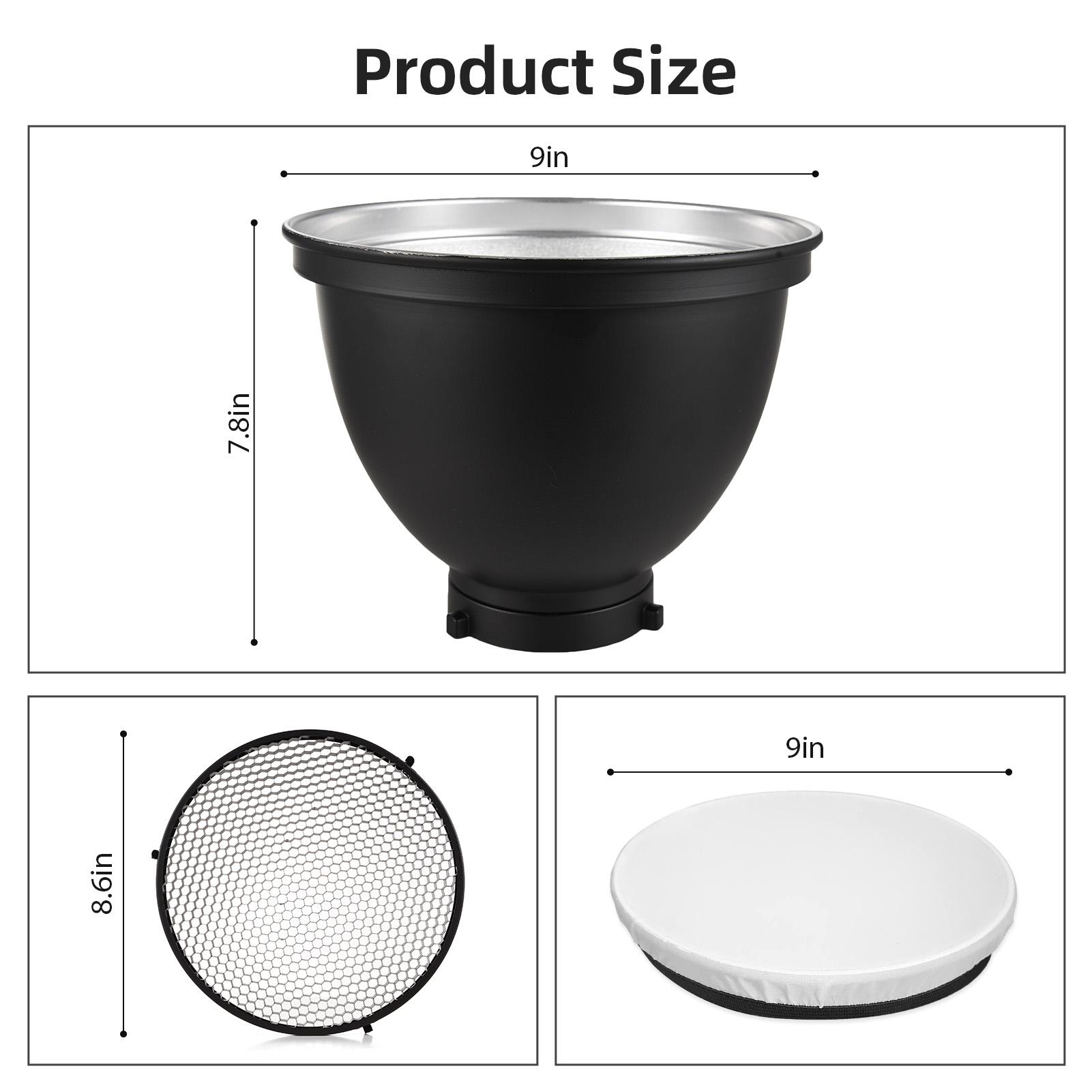 Studio Light Reflector, Mount Reflector with 60  degrees  Lattice Grille - 9 Inch Studio Light Accessories Made of Aluminum Alloy for Product Photogra
