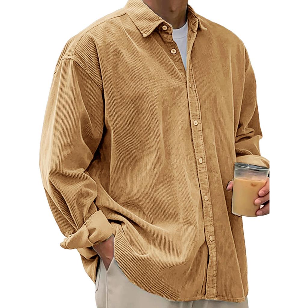 Men's Casual -color Corduroy Button Shirt, Men's Long-sleeved Trendy Loose Square-neck Thick Shirt