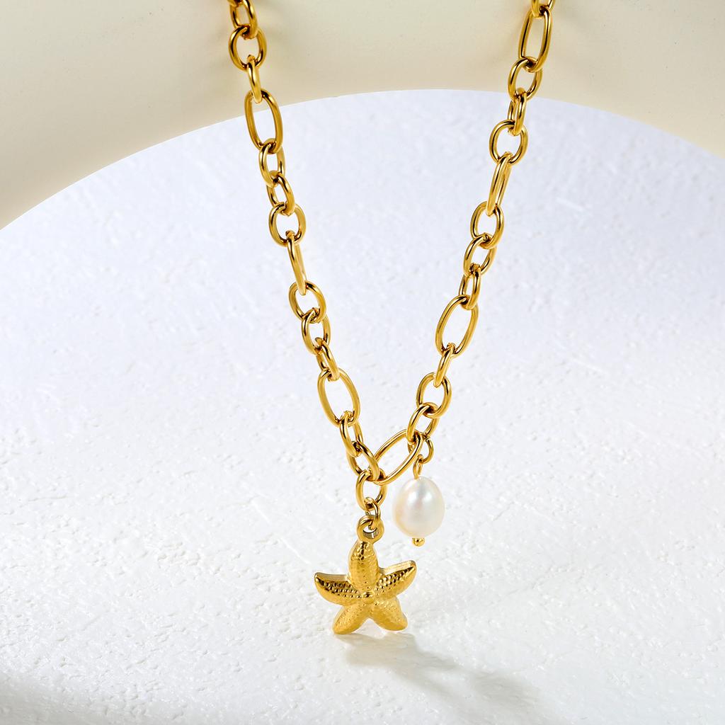 Summer Beach Starfish Shell Pearl Pendant Gold Necklace Women's Jewelry Accessory