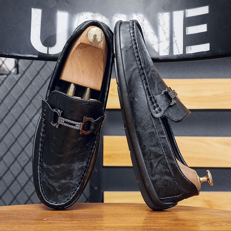 One-pedal Men's Shoes British Black Leather Soft-soled Beanie Shoes Business Men's Casual Leather Shoes Trendy Shoes Men