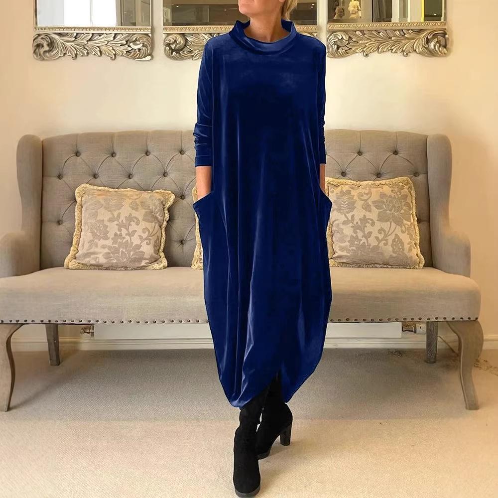 2026 Spring Slimming Velvet Dress - European & American Style, Round Neck, Long, Comfortable, Fashionable.
