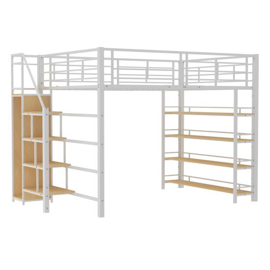 Youth Bed with Safety Stairs Several Shelves Built-in Wardrobe Strong Load Bearing Metal Frame Loft Bed Home Furniture