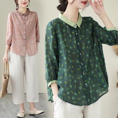 Women's Summer Retro Printing Seven-minute Sleeve Shirt Loose Casual Temperament Literary Tops