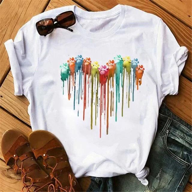 Women's Large Size Short Sleeve Crewneck T-Shirt Cartoon Hand-Painted Dog Paw Print Warm Polyester Fabric Summer Fashion