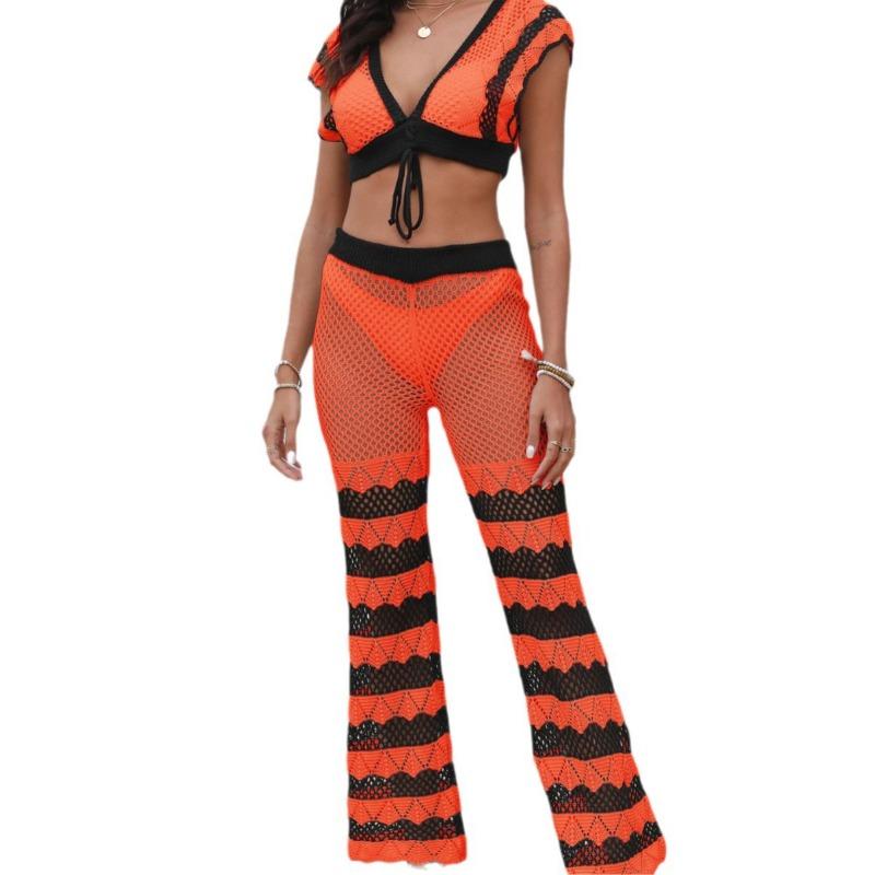Women's Beach Patchwork Sexy Deep V Lace Up Top Micro Flared Pants Two Piece Set