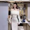 White long-sleeved one-word shoulder knitted dress for women's autumn and winter new high-end slim-fitting and thin temperament long dress