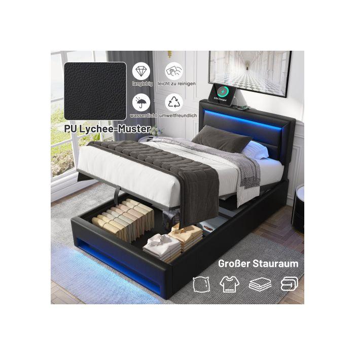 Letto imbottito 90x190 cm - Nero - Porta USB - Illuminazione LED - Contenitore integrato