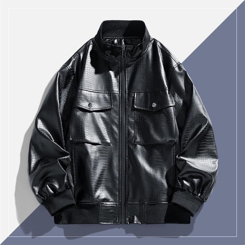 

American Retro Crocodile Pattern PU Leather Biker Jacket with Ribbed Stand Collar and Slanted Chest Pocket XL чорний