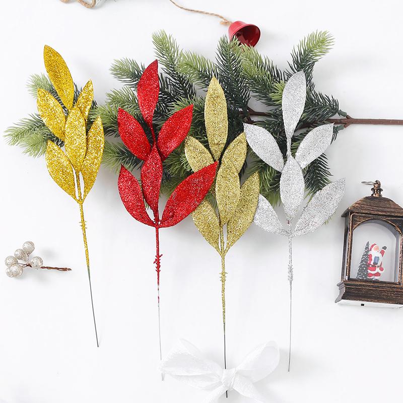 

34см 5шт Рождественские блестящие листья Искусственные ветки рождественской ели для рождественской елки Домашнее украшение DIY Венок Поделки Подарок 5Pcs