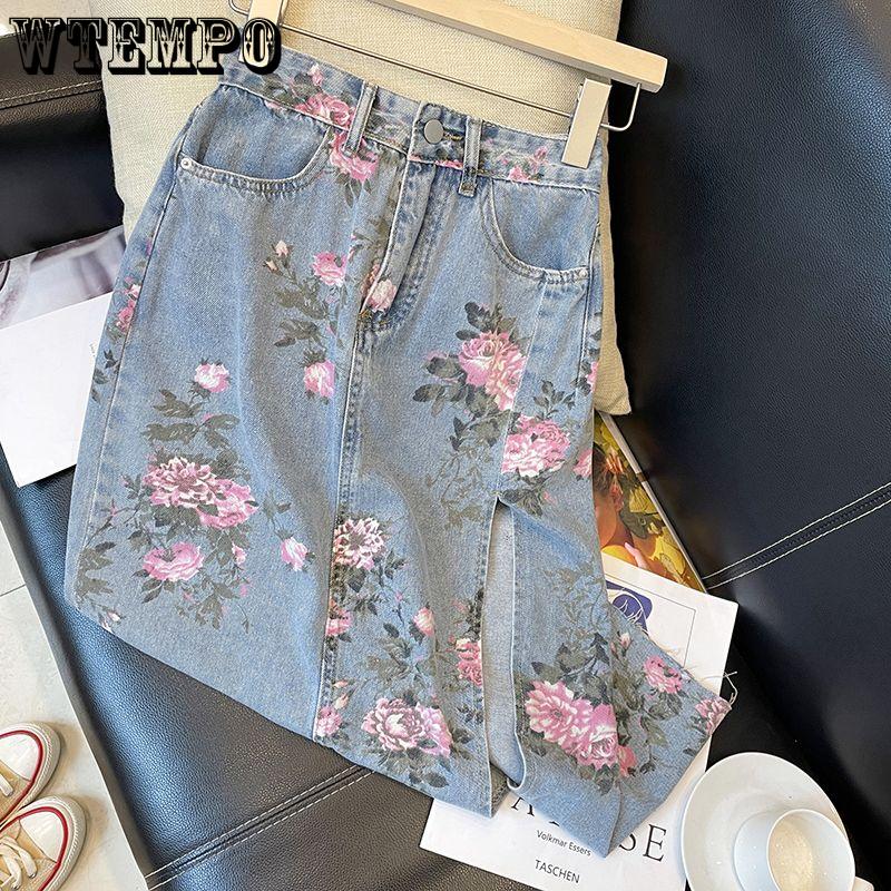 Frühling und Sommer Retro Vielseitiger Skinny Split Denim Print Halbkörperrock Weiblicher Chic Hohe Taille Mittellanger Paket Hüftrock