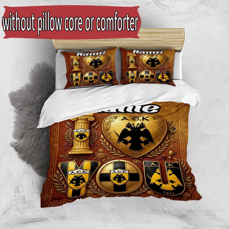 3pcs Duvet Cover Set (1*Duvet Cover + 2*Pillowcase, Without Core), Custom Name AEK Athens FC Pattern Bedding Set, Home Bedroom Decor Gift