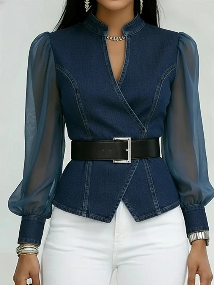 

Women s Denim Blouse Lapel Collar Mesh Sleeves Waist Belted V Neck Casual Loose Fit Top for Daily Wear XXL темно-синього кольору