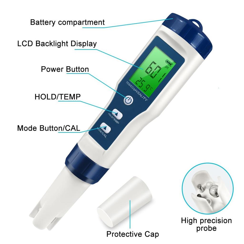 5 In 1 LFS TDS Meter PH Tester, 0.01 High Accuracy Digital PH Meter for Water, PH/TDS/EC/Salt/Temp Tester, PPM Meter Water Tester for Drinking Water,