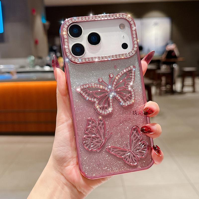 

For IPhone 17Pro Max 17 AIR Transparent Soft Silicone Shockproof Protective Electroplated Butterfly Letter Glitter Diamond Case For iPhone 17 розовый
