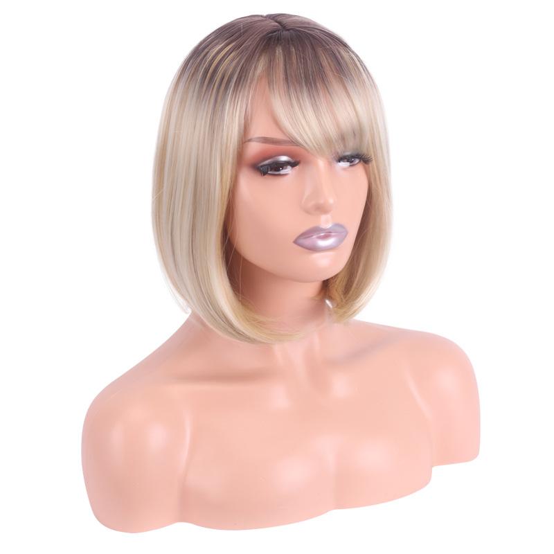 Ladies Short Bob Synthetic Wigs for Women Ombre Brown Blonde Wig With Bangs Natural Looking Cosplay Party Daily Heat Resistant Fiber Wigs