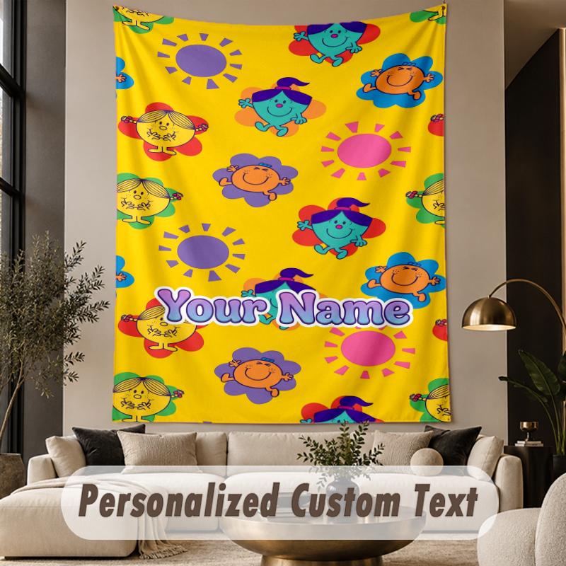 Custom Text Printed Tapestry Mr. Men & Little Miss Pattern Large Wall Hanging Indoor Room Decor