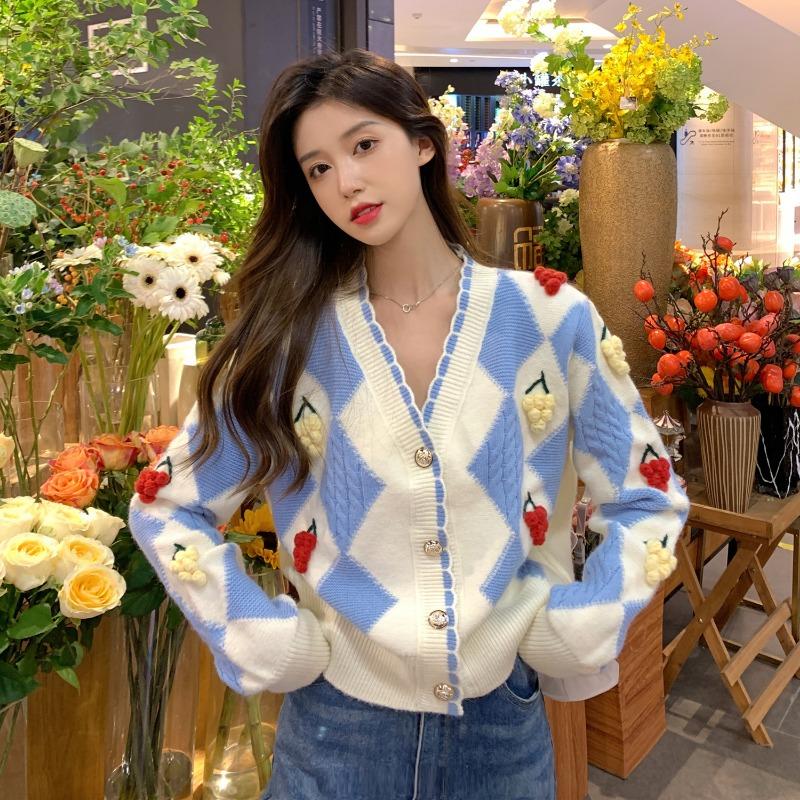 

Маленький ромбовидный свитер с цветовой блокировкой, женская свободная верхняя одежда, нежный вязаный кардиган на пуговицах, новая модная модель осень-зима average size