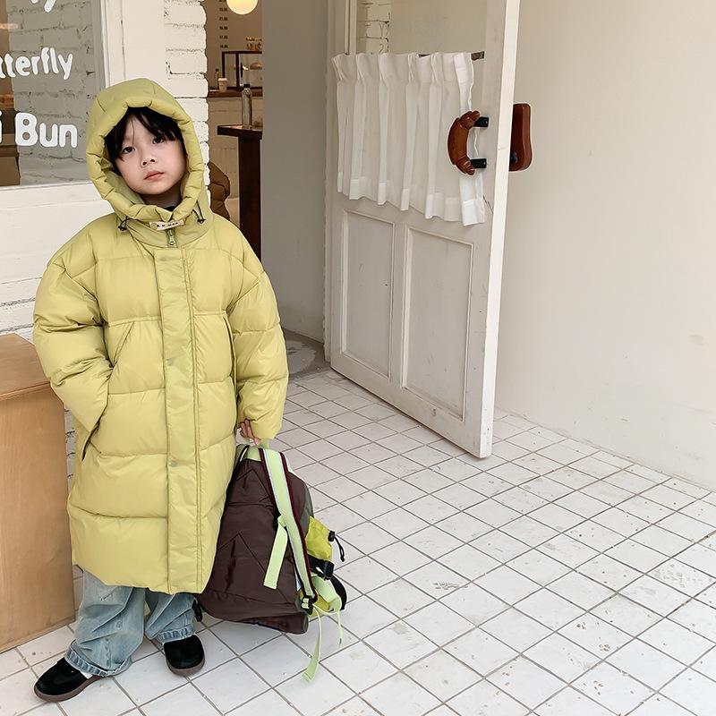 Children's Autumn and Winter Padded Long Over The Knee Solid Colour Jacket with Hood Thickened Warm Outerwear