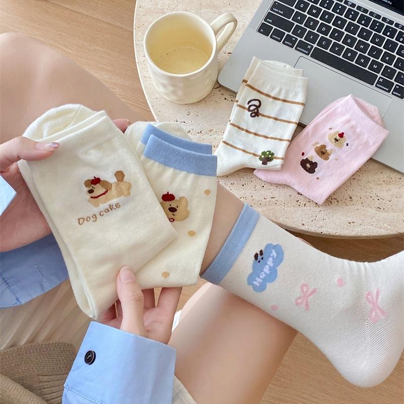 Cartoon Socks Women'S Mid-Tube Socks Trendy Spring And Autumn Cute Preppy Style Bow Polka Dot Puppy Striped Socks