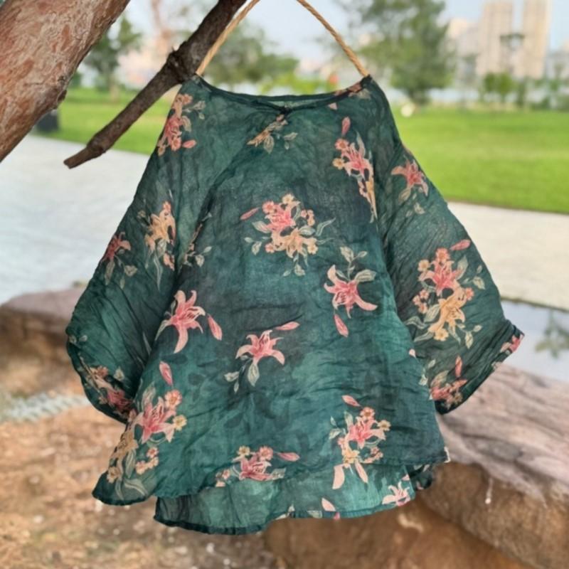 

Johnature Women Vintage Print Floral T-Shirts Button Loose High Quality O-Neck Long Sleeve Autumn T-Shirts One Size