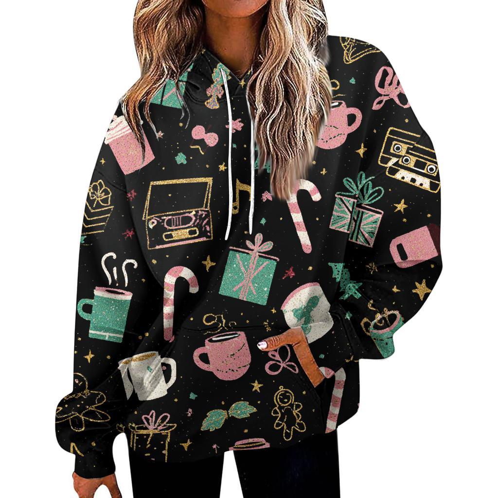 Women's Fashion Sweatshirt Christmas Print Casual Hooded Sweatshirt With Pockets