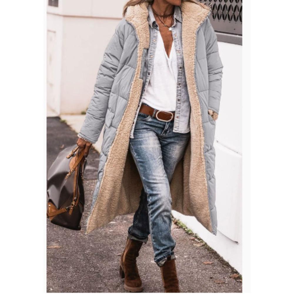 Solid Color Double-Sided Wear Hooded Cotton Coat, Thickened Slim Fit Long Sleeve Long Open Front Jacket