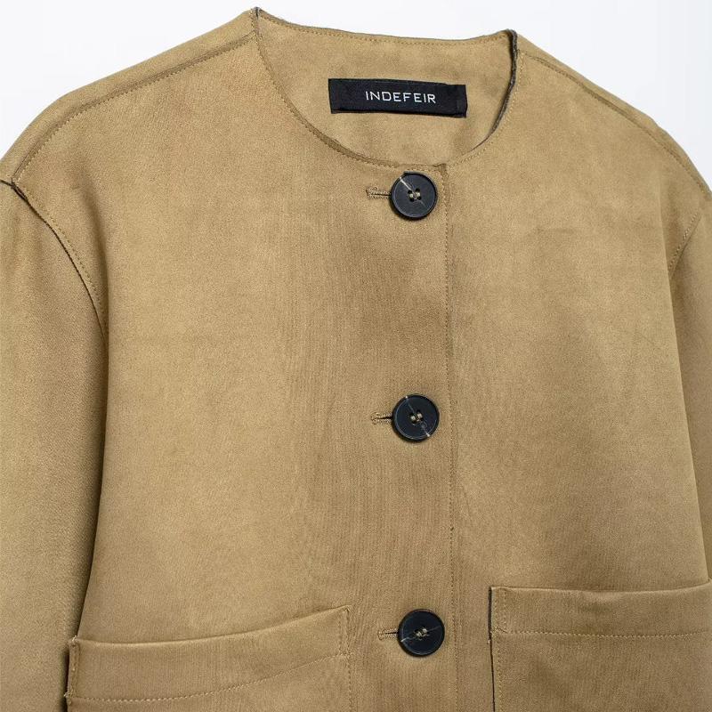 Kurtki damskie Jesienna krótka kurtka zamszowa Moda damska Długi rękaw Kurtka na pół sezonu Casual Guziki Krótkie Jednolite płaszcze