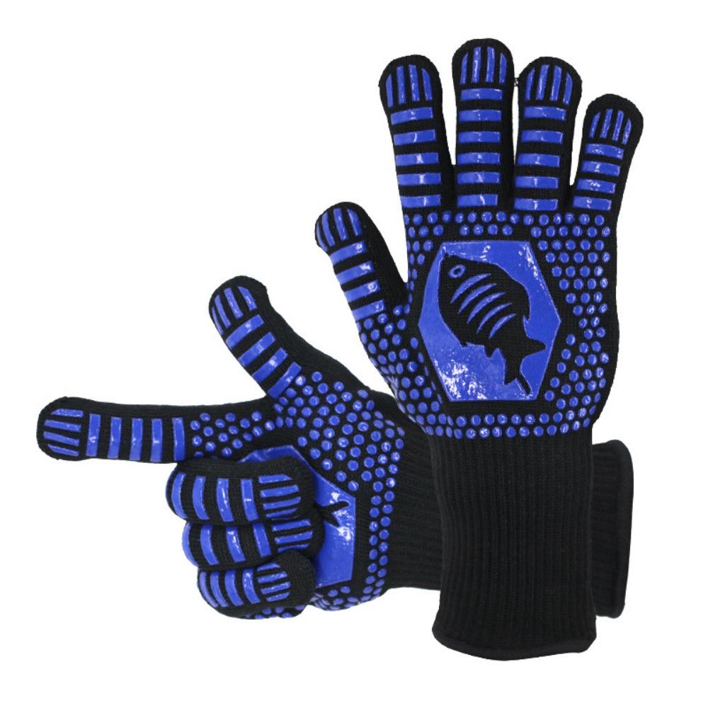 Hitzebeständige und hitzebeständige Grillhandschuhe mit fünf Fingern, wärmeisolierend, mikrowellengeeignet, mit Silikonbeschichtung.