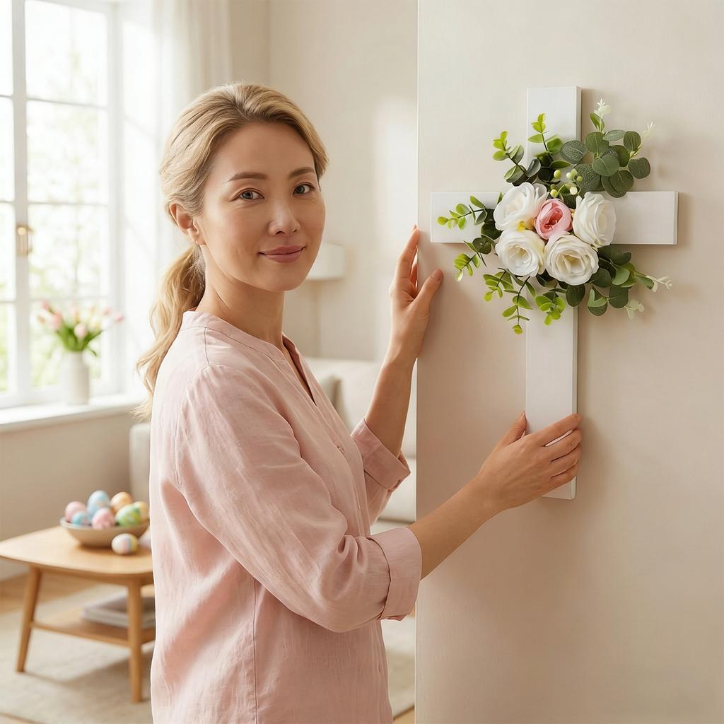 Påskkors Konstgjord Blomsterdekoration, Högtidsfest Väggdekoration, Utomhuskrans, Dörrhänge, Vägghänge