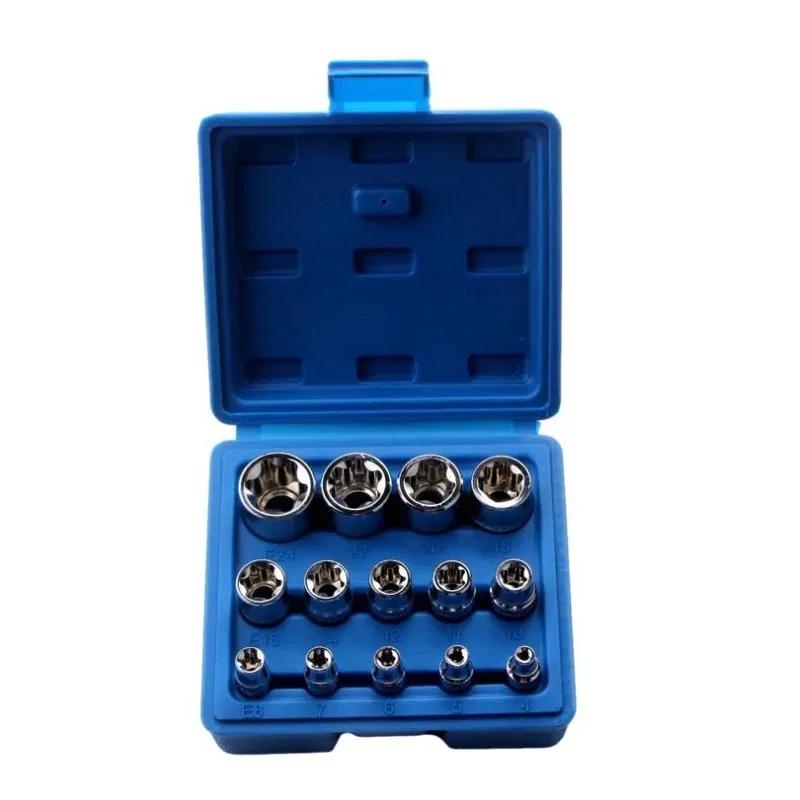 

14Pcs Set Female E-type Torx Socket Wrench Tool Set E4-E24 Ratchet Socket Wrench Set E-Torx External Hex Socket Insert Nut