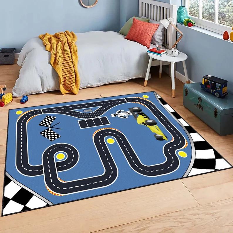Racing Car Rug with Red Blue Sports Cars Checkered Flag Background Digital Kids Carpet for Boys' Rooms Race Track-Themed Spaces