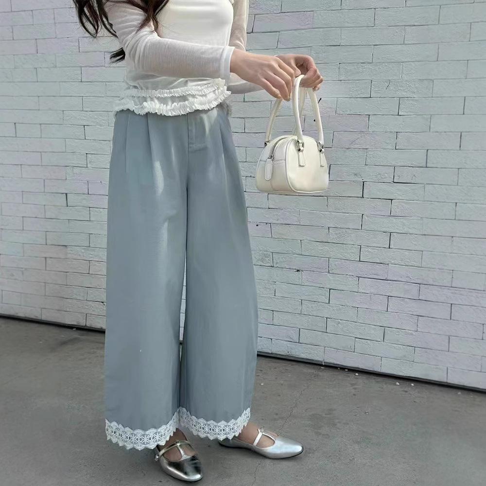 

2025 Spring Washed Cotton Lace Patchwork Wide-Leg Pants M небо синє кольору