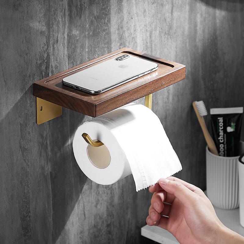 Solid Wood Bathroom Paper Towel Rack Wall Mounted Roll Paper Rack Mobile Phone Rack Bathroom Storage Rack Brushed Gold Aluminum
