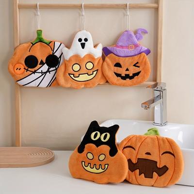 1/5 Pcs Halloween Hand Towels Ultra Absorbent Coral Fleece Pumpkin Ghost Pirate Towel With Hanging Loop For Home & Kitchen