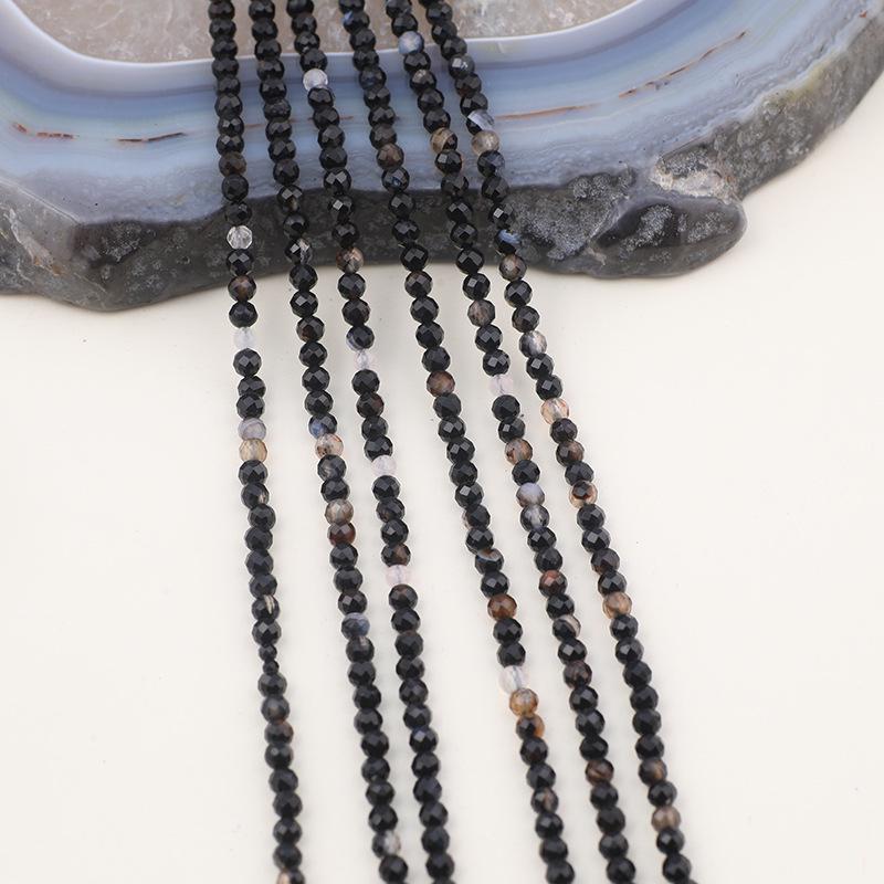 Natürliche Schwarze Blütenachat Facettierte Runde Perlen 2-4mm für DIY Halsketten