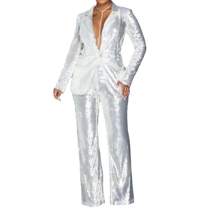 European & American Style Women's V-Neck Sequin Jumpsuit Set - Long-Sleeved, Two-Piece